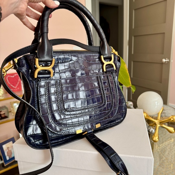 Chloé Navy Embossed Crocodile Leather Top Handle Bag w/Shoulder strap - Picture 1 of 10